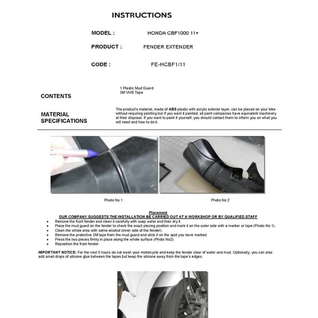 Fender extender compatible with Honda CBF 1000 2011-2018