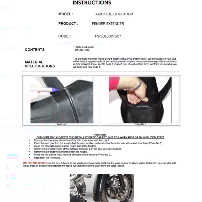 Fender extender compatible with Suzuki V-Strom DL650 2004-2011