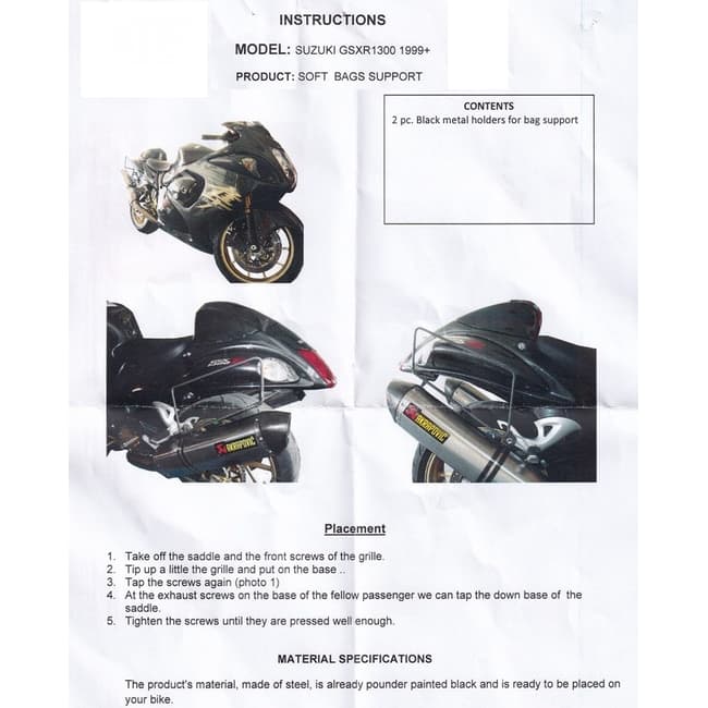 Moto Discovery soft bags side rack compatible with Suzuki GSXR1300 Hayabusa 1999-2007