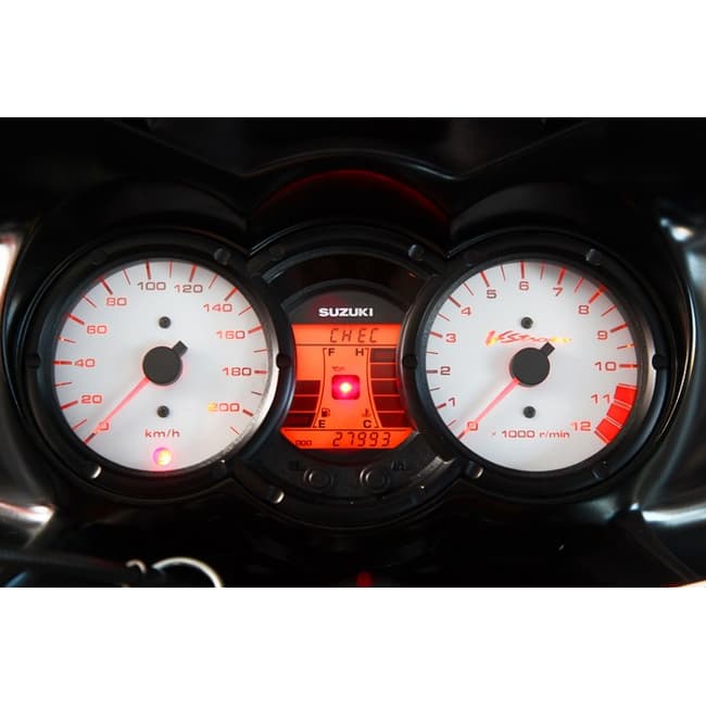 White speedometer and tachometer gauges with backlight film compatible with Suzuki V-Strom DL650 2007-2011