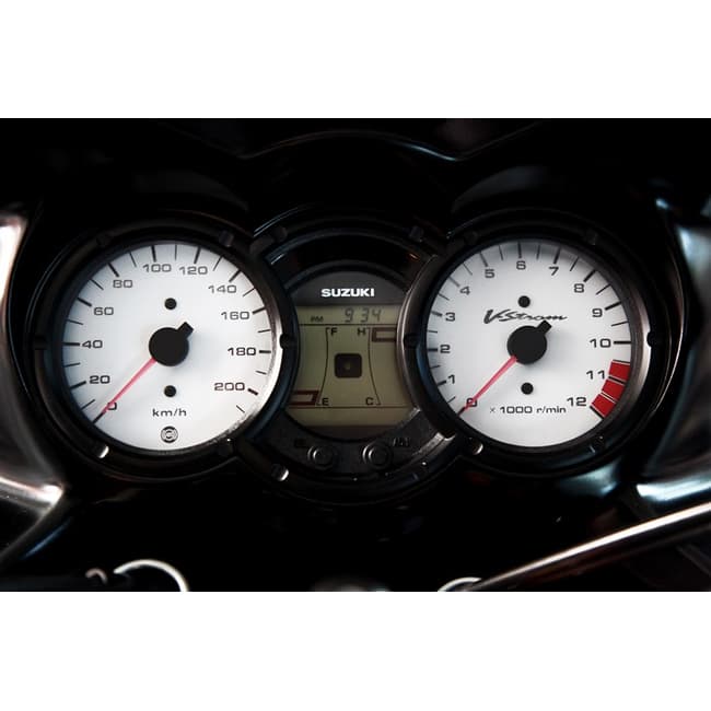 White speedometer and tachometer gauges with backlight film compatible with Suzuki V-Strom DL650 2007-2011
