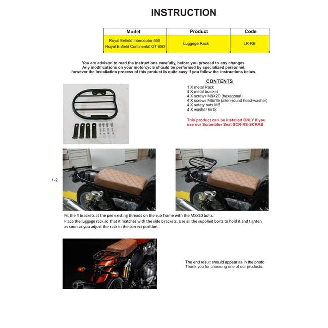 Scrambler / Cafe Racer luggage rack compatible with Royal Enfield Interceptor 650 2018-2022