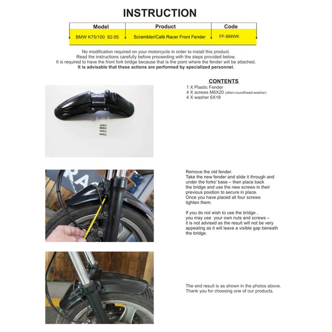 Front fender compatible with BMW K75 / K100 1982-1995
