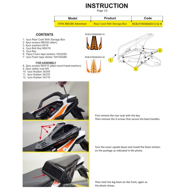 Seat cowl with storage box compatible with KTM 390 Adventure 2020-2023