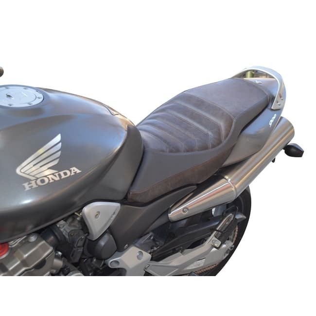 Sätesöverdrag kompatibelt med Honda CB900 Hornet 2002-2007 brunt med bruna sömmar (Äkta läder och Silvertex-textil)