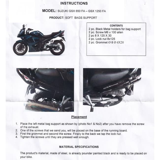 Moto Discovery soft bags side rack compatible with Suzuki GSX650F 2008-2015 / GSX1250FA 2010-2016