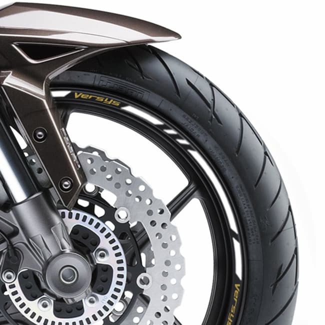 Wheel rim stripes with logos compatible with Kawasaki Versys 