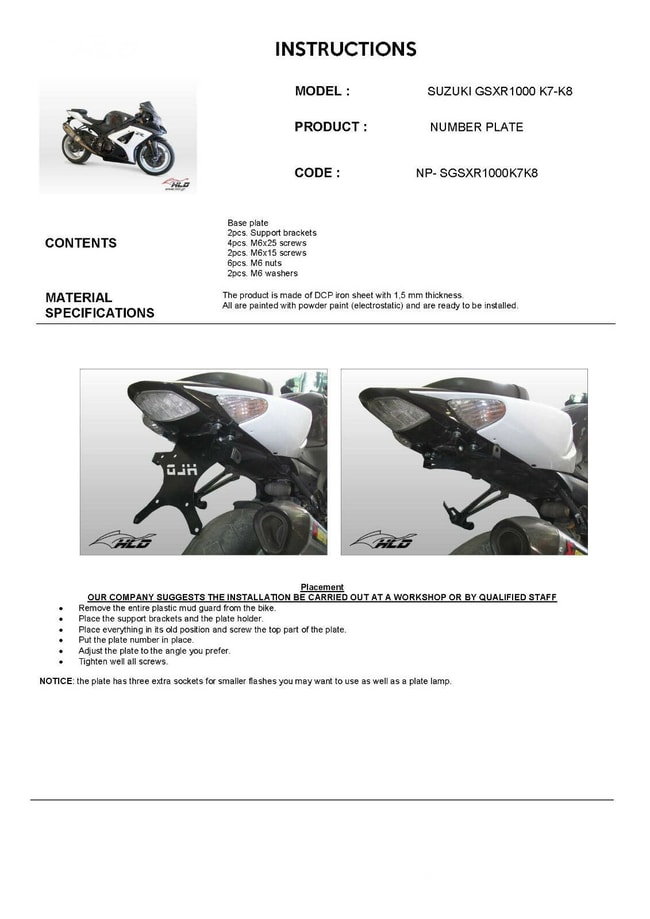 Kentekenplaathouder voor Suzuki GSXR 1000 K6 / K7 / K8 2006-2007