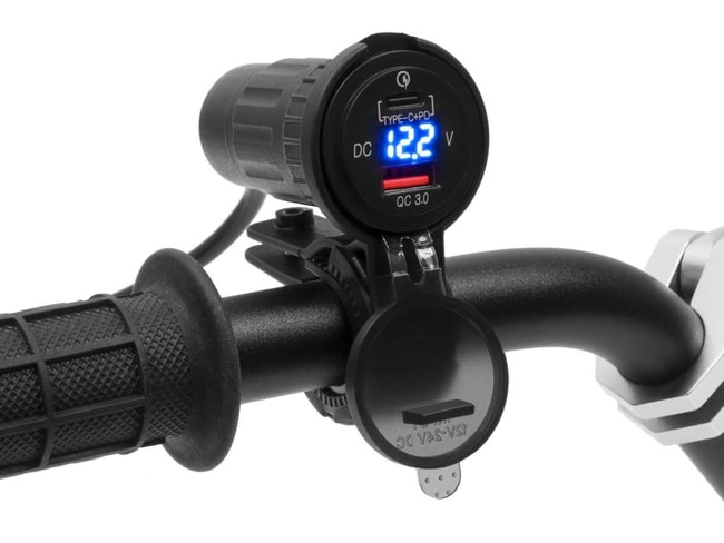 X-Style waterproof double USB socket with voltmeter and handlebar bracket
