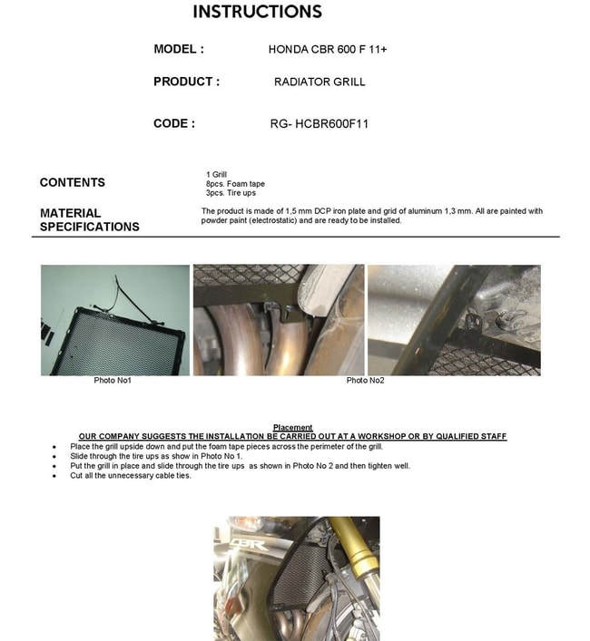 Radiateur bescherming voor Honda CBR600F '11 -'13