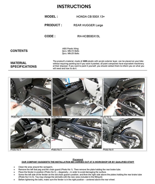 Hupper spate pentru Honda CB500X / CB500F 2013-2018