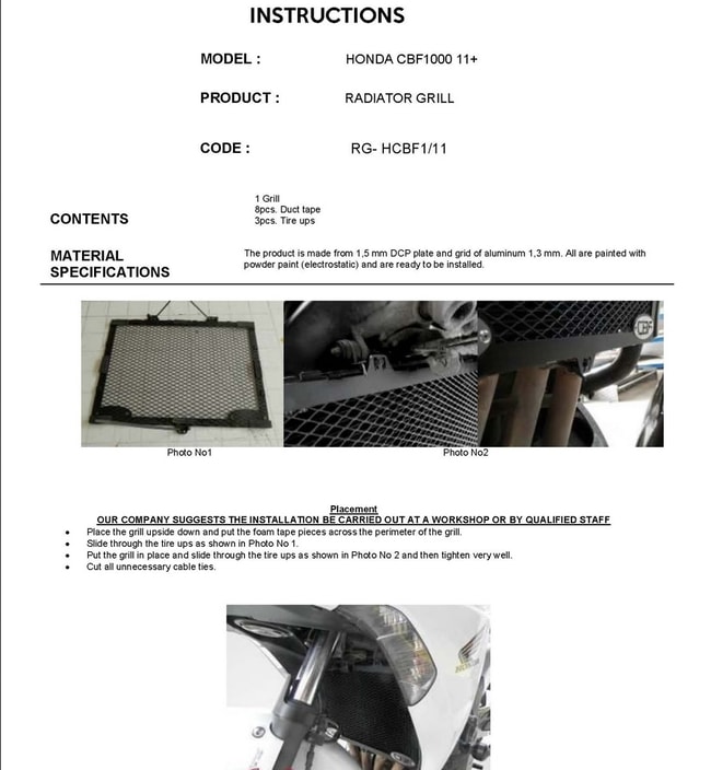 Protection de radiateur pour Honda CBF 1000 '11 -'18