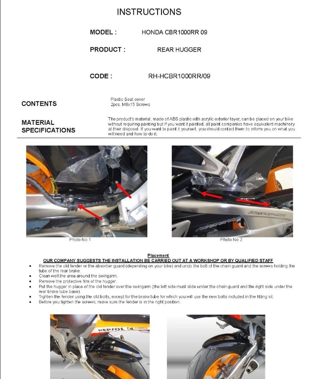 Achterspatbord voor Honda CBR1000RR 2008-2011