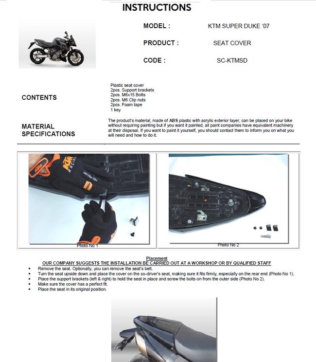 Cobertura de assento para KTM Superduke 990 2007-2013