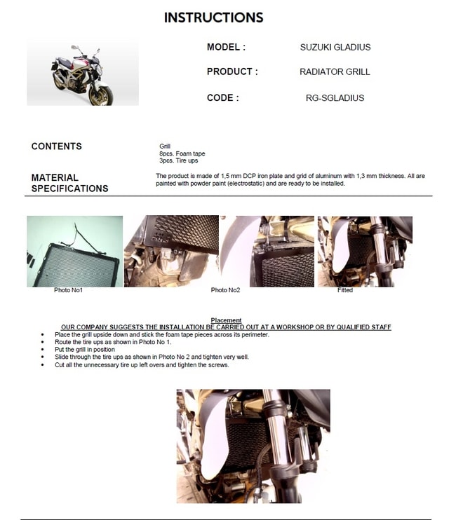 Protection de radiateur pour Suzuki SFV650 Gladius '09-'16