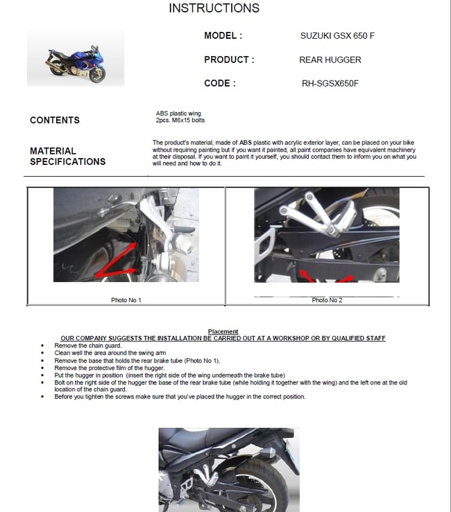 Paralama traseiro para Suzuki GSX650F 2008-2015