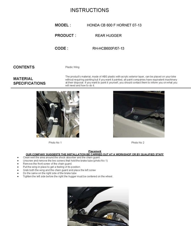 Achterspatbord voor Honda Hornet CB600F 2007-2013