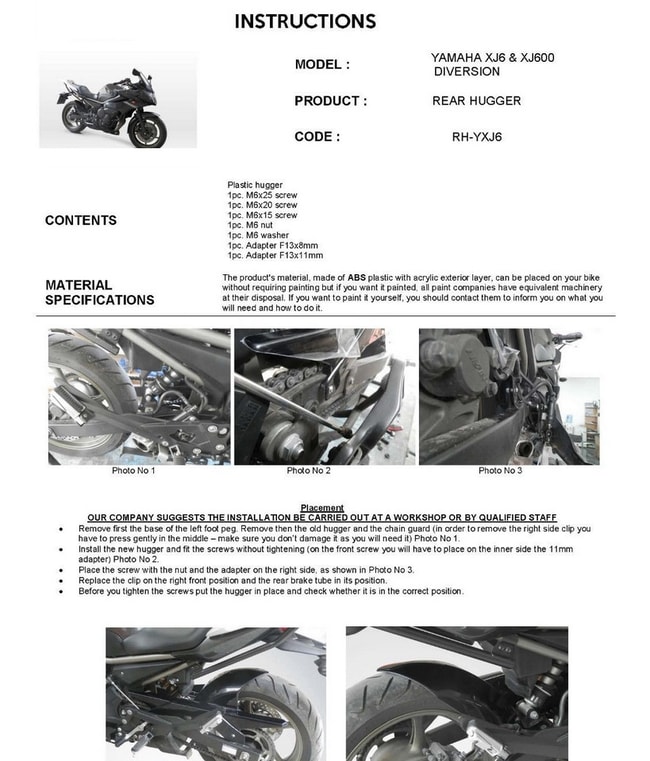 Parafango posteriore per Yamaha XJ6 / Diversion 2009-2016