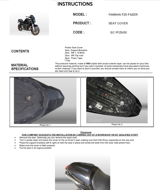 Seat cowl for Yamaha FZ6 Fazer 2006-2010