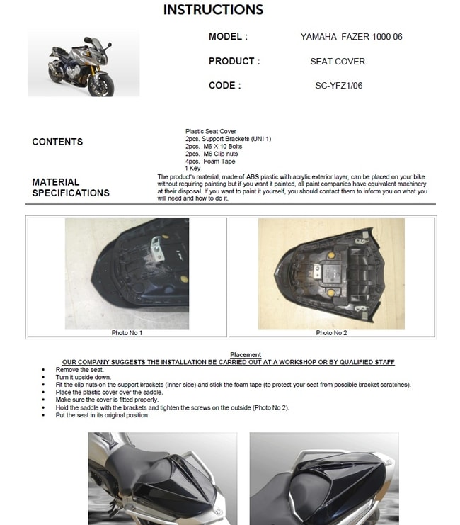 Cobertura de assento para Yamaha FZ1 Fazer 2006-2015