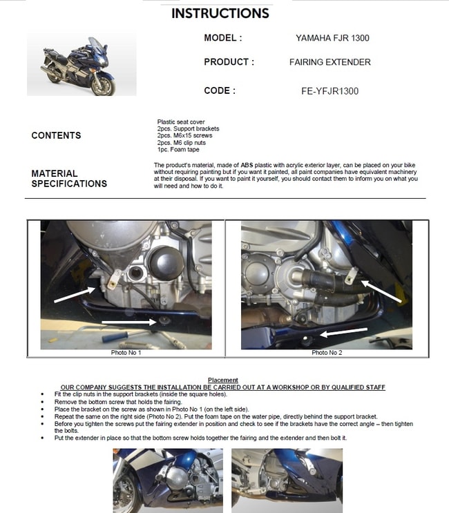 Extensiones de carenado para Yamaha FJR 1300 '01 -'07