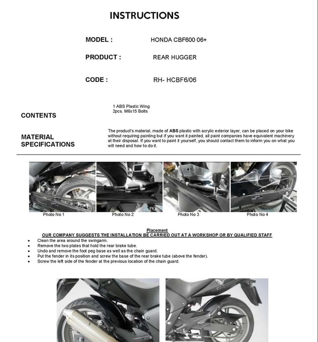Paralama traseiro para Honda CBF 600 2007-2013