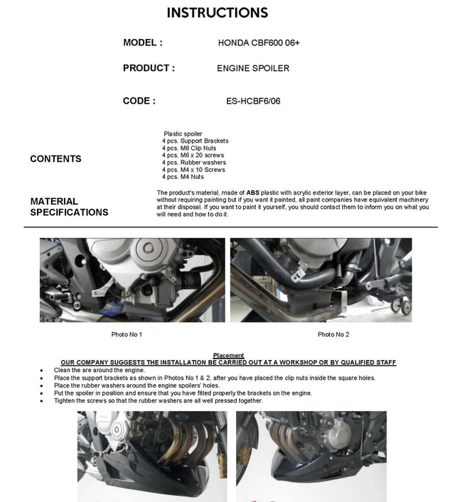 Spoiler motore per Honda CBF 600 '07 -'13