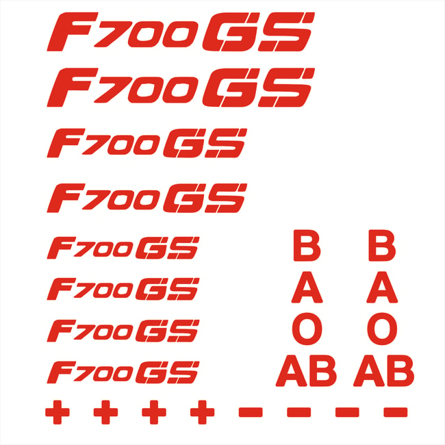 F700GS kırmızısı için ayarlanmış logolar ve kan grubu etiketleri