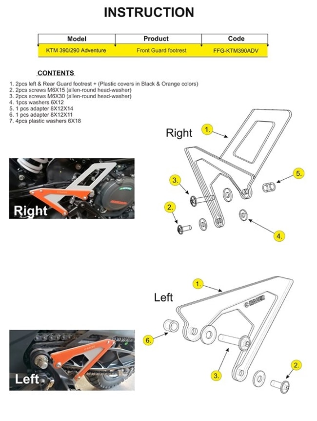 Protetor de apoio para os pés dianteiro para KTM 390 Adventure 2020-2023 (laranja)