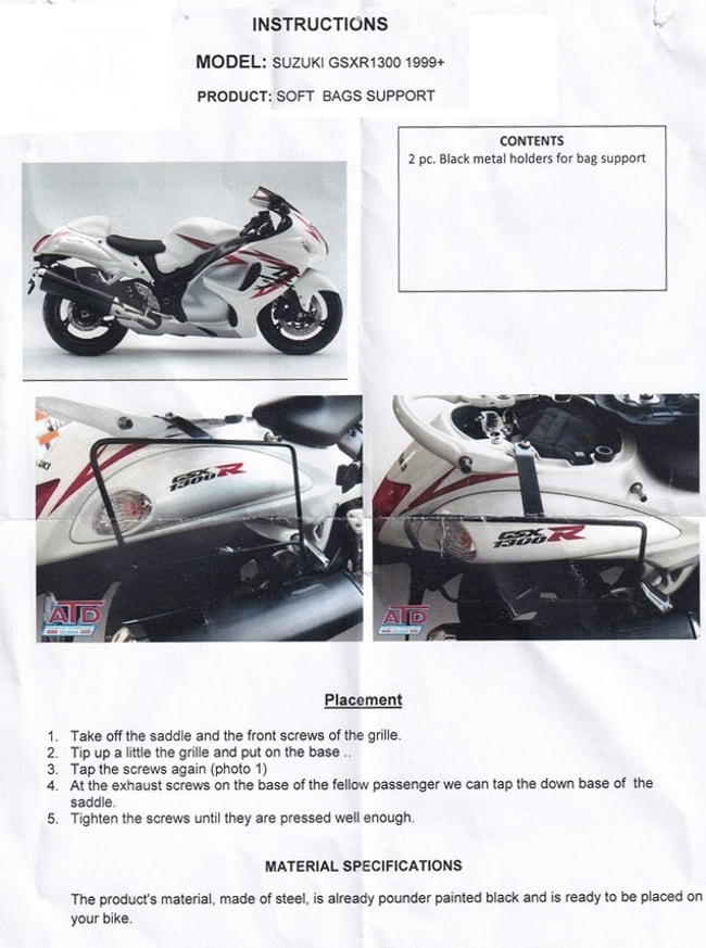 Suport pentru genți moi Moto Discovery pentru Suzuki GSXR1300 Hayabusa 2008-2020