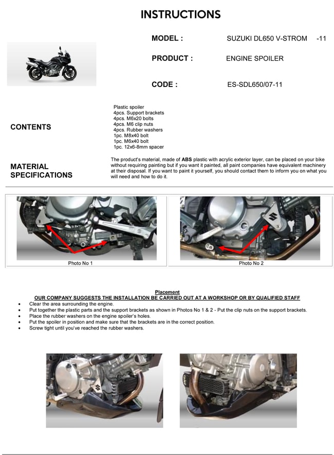 Spoiler do motor para Suzuki V-Strom DL650 '04 -'11