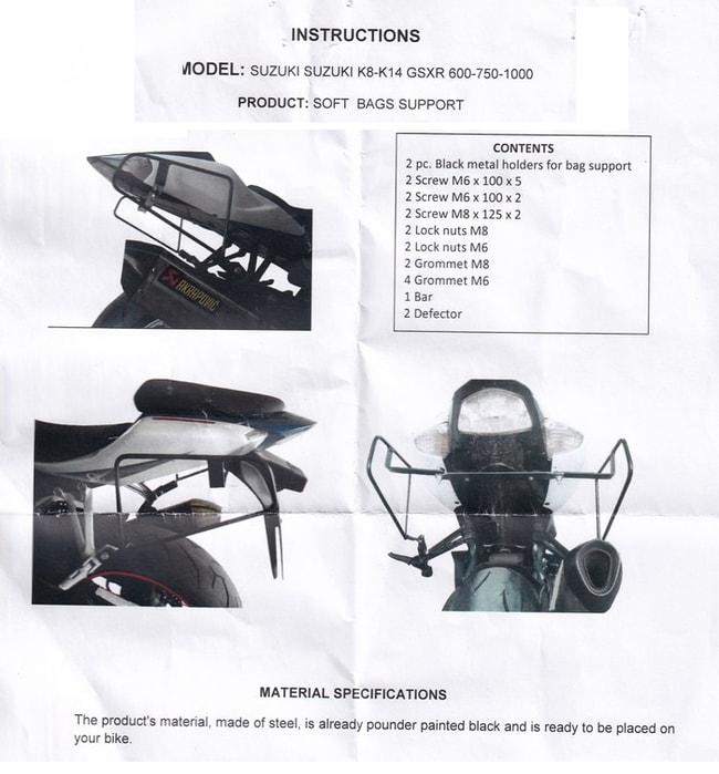 Moto Discovery soft bags rack for Suzuki GSXR 1000 2007-2015