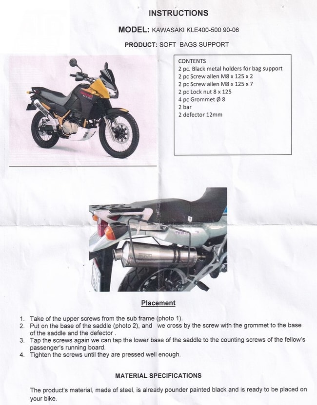Moto Discovery soft bags rack for Kawasaki KLE 400 / 500 1990-2006