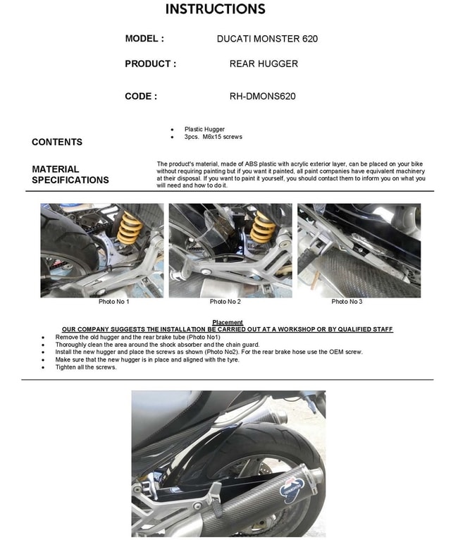 Guardabarros trasero para Ducati Monster 620 / 695 / 750 / 800 / 900 / 1000 2002-2007