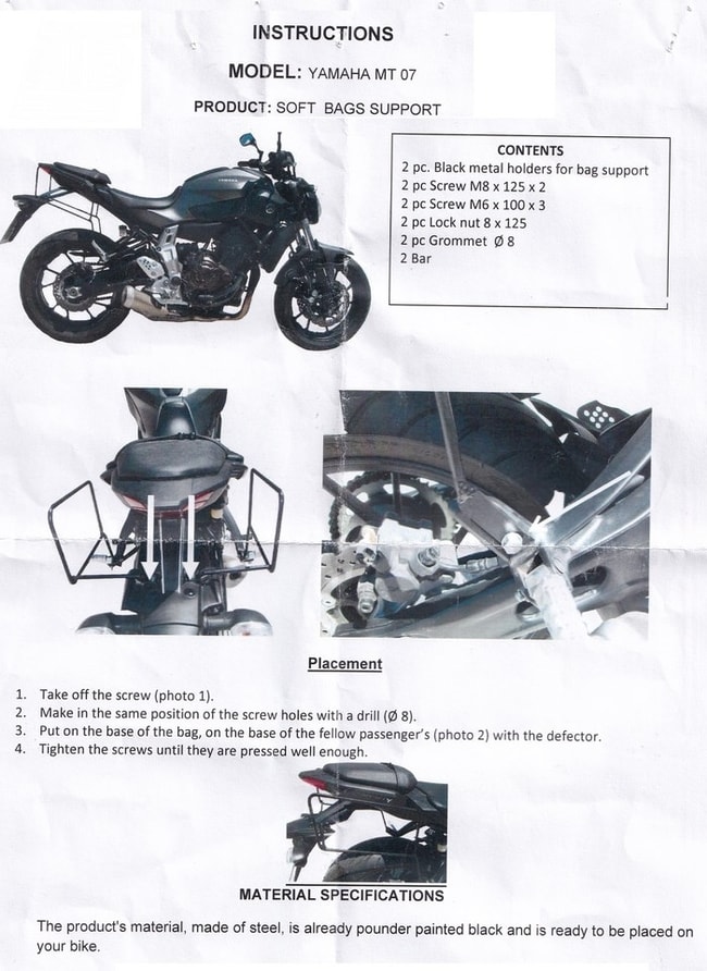 Porte sacoches souples Moto Discovery pour Yamaha MT-07 2014-2020