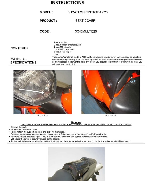 Ducati Multistrada 620 2003-2006 için koltuk başlığı