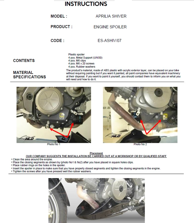 Spoiler do motor para Aprilia Shiver 750 '07 -'12