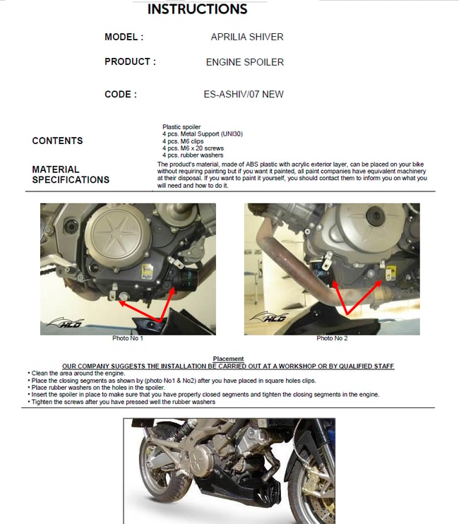 Aprilia Shiver 750 '07 -'12 (Sport) için motor spoyleri
