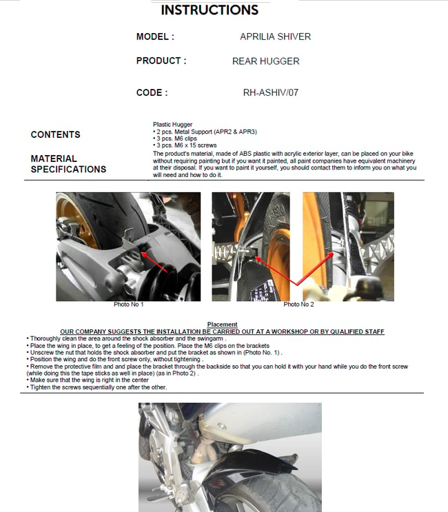 Guardabarros trasero para Aprilia Shiver 750 2007-2019 (corto)