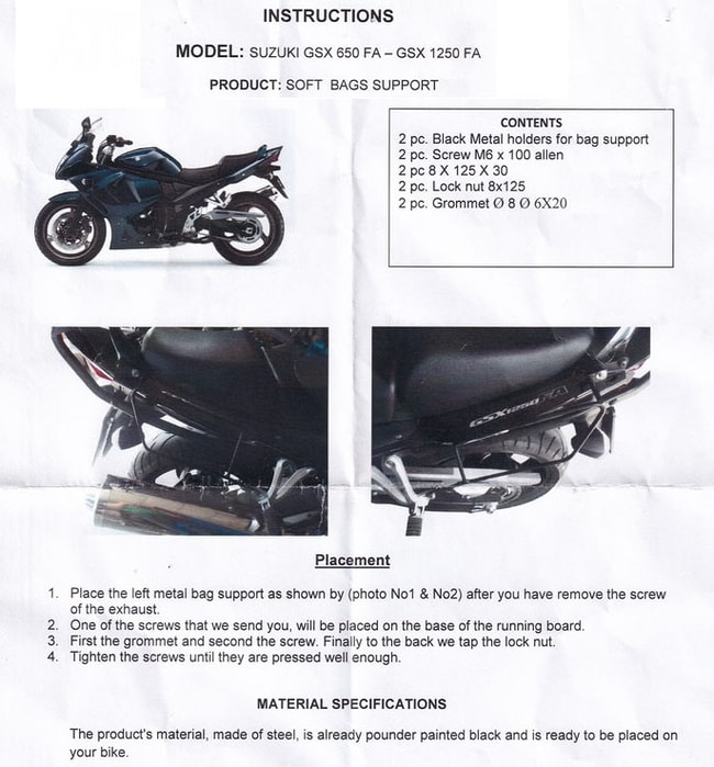 Suport pentru genți moi Moto Discovery pentru Suzuki GSX650F 2008-2015 / GSX1250FA 2010-2016