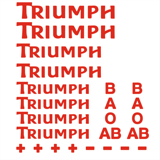 Logo Triumph i kalkomanie z grupami krwi ustawione na czerwono