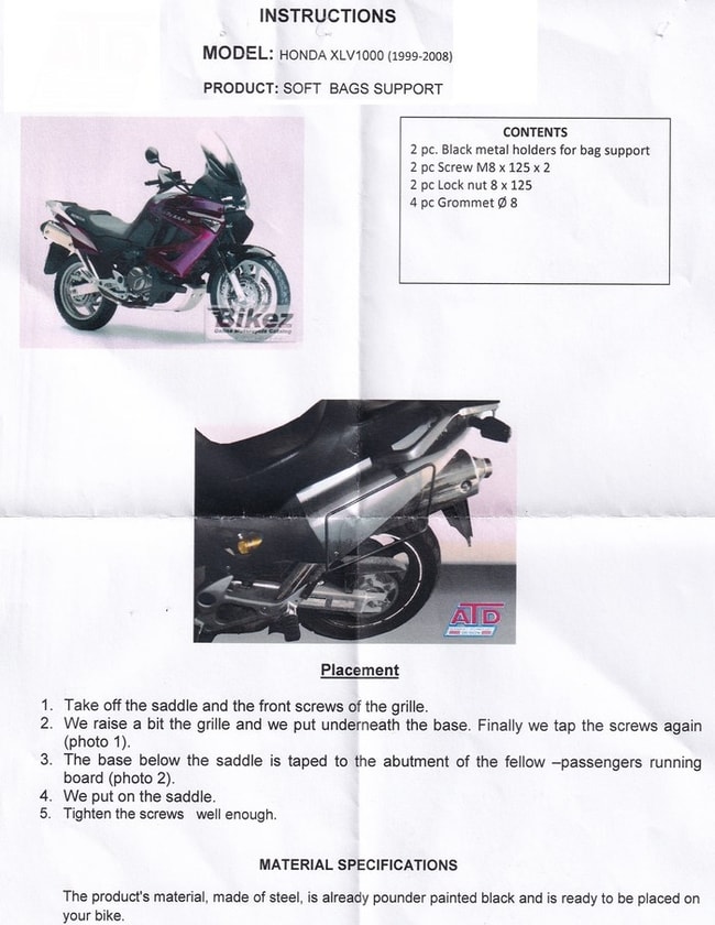 Support pour sacs souples Moto Discovery pour Honda XL1000V Varadero 1999-2006