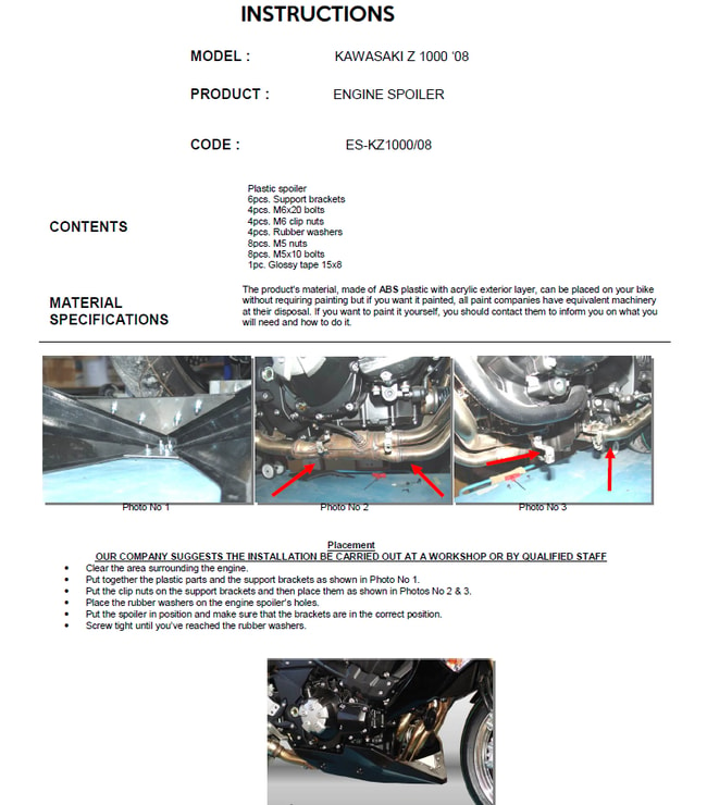 Spoiler moteur pour Kawasaki Z1000 '08 -'13