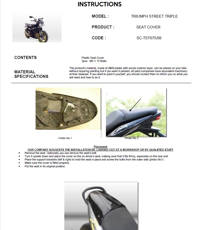 Motorcycle Accessories Seat cowl for Triumph Street Triple 675 20072012