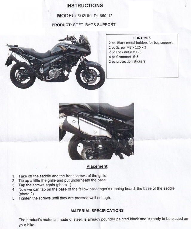 Moto Discovery soft bags rack for Suzuki VStrom DL650 20122016